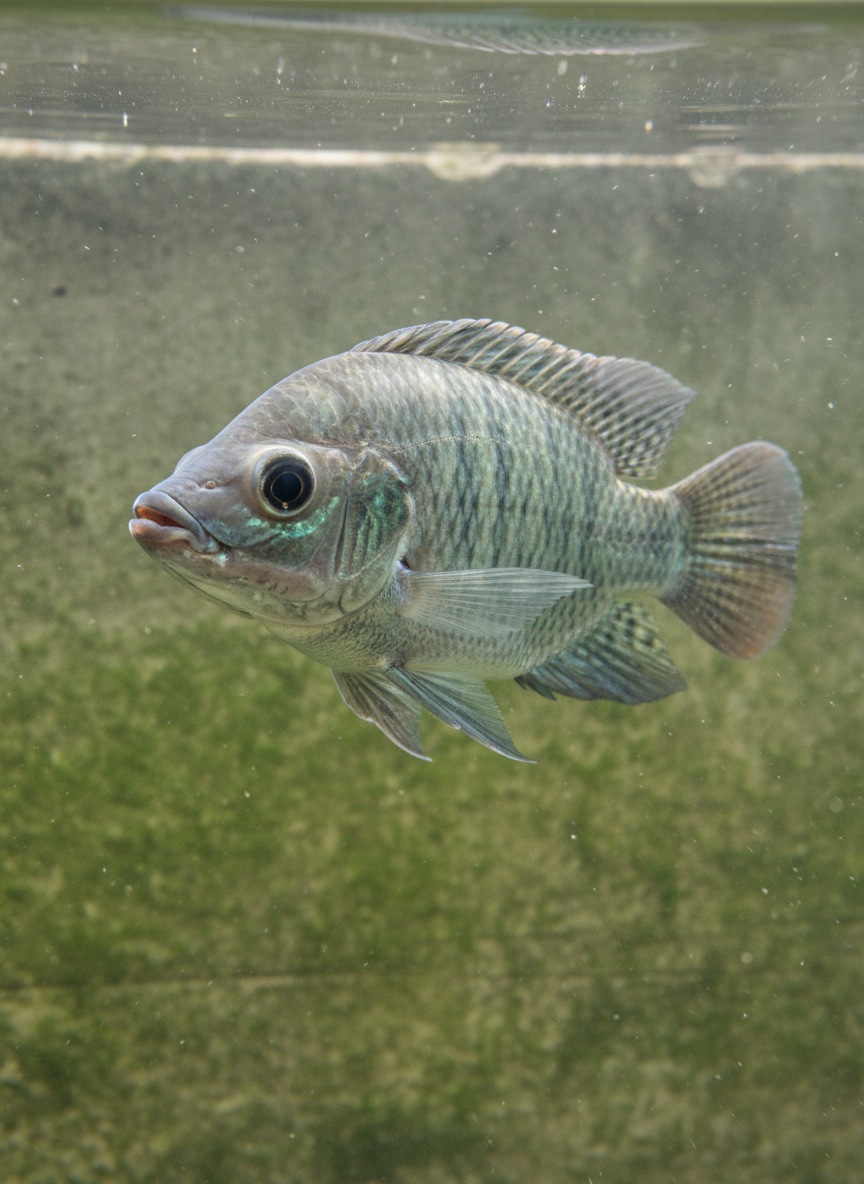 A close-up, highly detailed view of a single tilapia being observed just beneath the water surface, showing clear eyes, intact fins, and smooth gill covers with natural coloration, indicating good health. The fish hovers near a simple concrete pond wall covered in a thin layer of natural algae, with suspended particles faintly visible in the water. Soft, diffused daylight from above creates gentle rim lighting along the fish’s outline and subtle shadows beneath its body. Captured in photographic realism from a slightly angled side view, the composition uses a shallow depth of field to keep the tilapia in crisp focus while the pond background softly blurs. The mood is clinical yet calm, emphasizing careful observation and early detection of fish health issues in a professional, practical way.